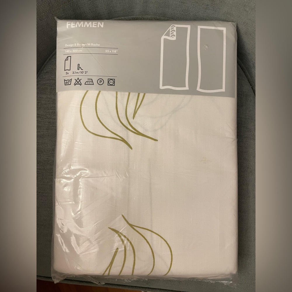IKEA FEMMEN Curtain with olive green leaf pattern 2 panels